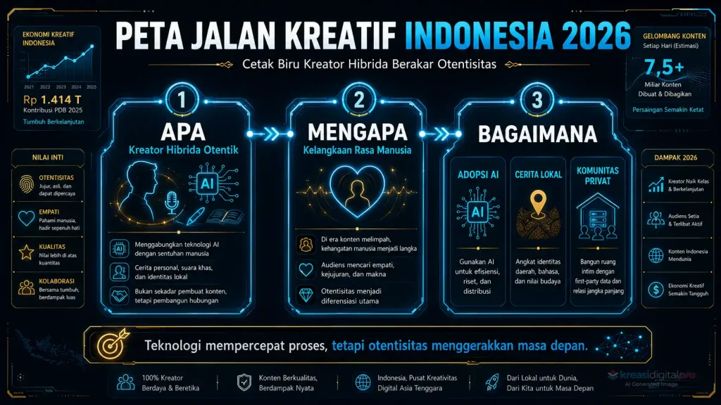 Infografik Peta Jalan Kreatif Indonesia 2026: Strategi kreator hibrida berbasis otentisitas, rasa manusia, dan AI