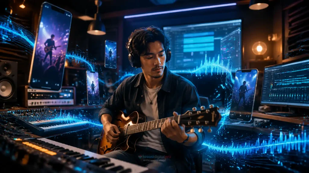 Pria bermain gitar listrik di studio musik modern dengan visualisasi gelombang suara digital dan layar ponsel melayang