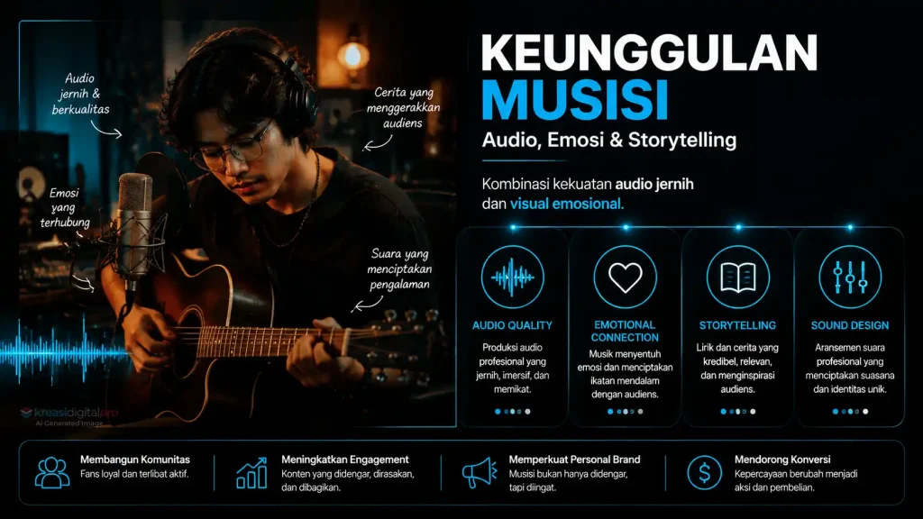 Infografis keunggulan musisi dalam audio, emosi, dan storytelling melalui kualitas audio, koneksi emosional, narasi, dan desain suara