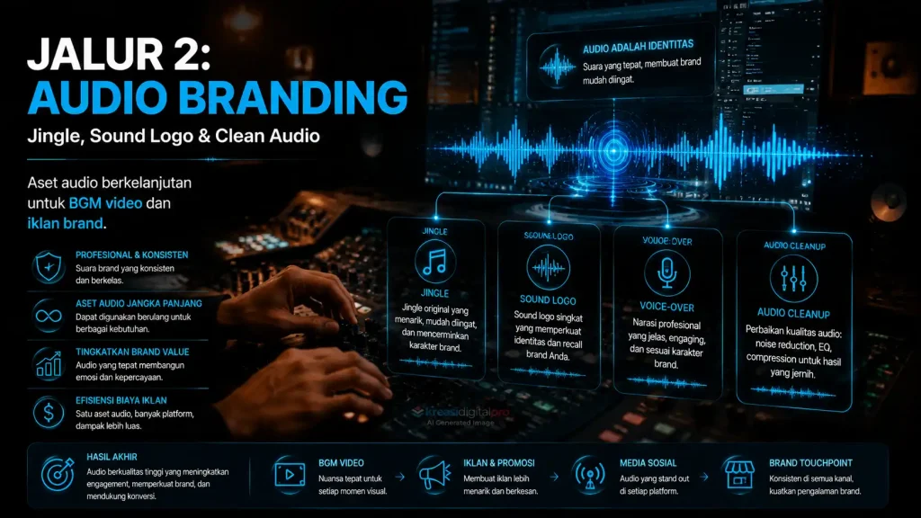 Infografis Audio Branding menjelaskan layanan Jingle, Sound Logo, Voice-Over, dan Audio Cleanup untuk aset brand