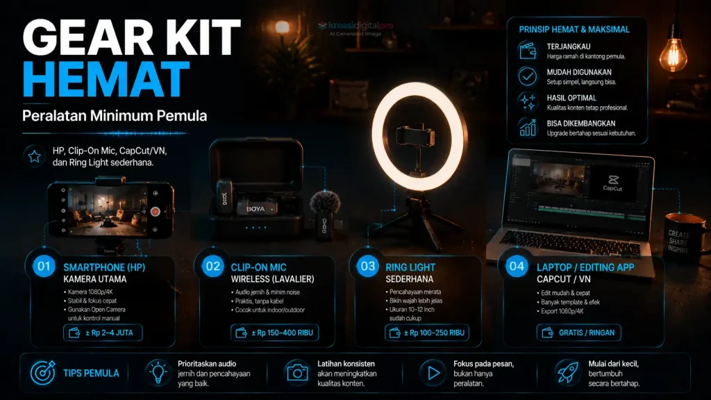 Infografik Gear Kit Hemat: daftar alat minimum pemula (HP, Mic Wireless, Ring Light, Laptop) beserta estimasi harga dan tips