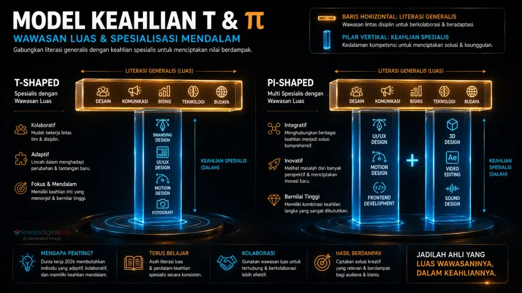 Diagram struktur keahlian "Model Keahlian T & Pi" memperlihatkan perbandingan antara spesialisasi tunggal T-shaped dan multi-spesialisasi Pi-shaped yang dipadukan dengan wawasan generalis.