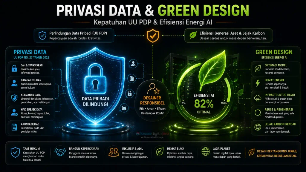 Dasbor ganda "Privasi Data & Green Design" menyajikan poin kepatuhan UU PDP No. 27 Tahun 2022 serta indikator efisiensi energi dan jejak karbon dalam penggunaan teknologi AI.