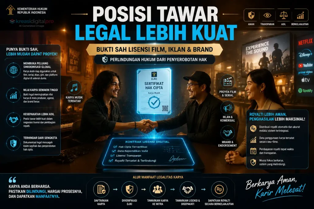 Infografis manfaat sertifikat hak cipta DJKI untuk memperkuat posisi tawar legal musisi dalam lisensi film, iklan, dan brand, serta alur pendaftaran karya hingga penerimaan royalti
