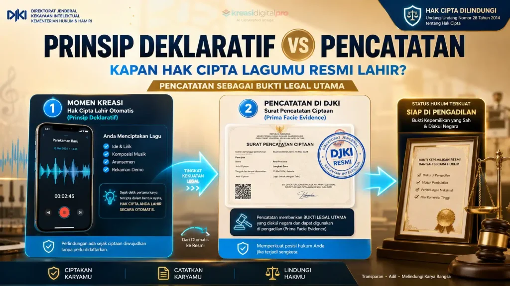 Infografis perbandingan Prinsip Deklaratif (hak cipta lahir otomatis saat kreasi) vs Pencatatan di DJKI sebagai bukti legal utama yang kuat di pengadilan