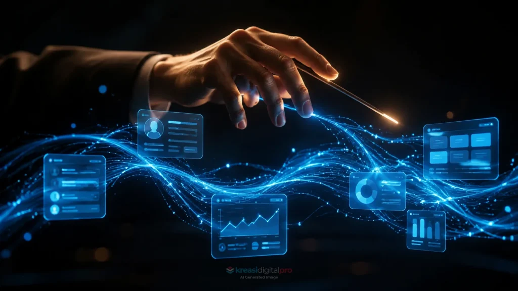 Tangan mengarahkan aliran data digital dan panel dasbor analitik menggunakan tongkat konduktor