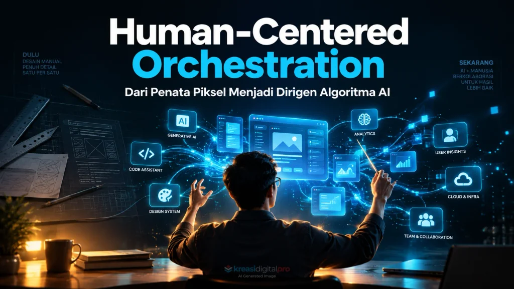 Poster Human Centered Orchestration Kolaborasi AI dan Manusia, Dari Penata Piksel Menjadi Dirigen Algoritma AI.