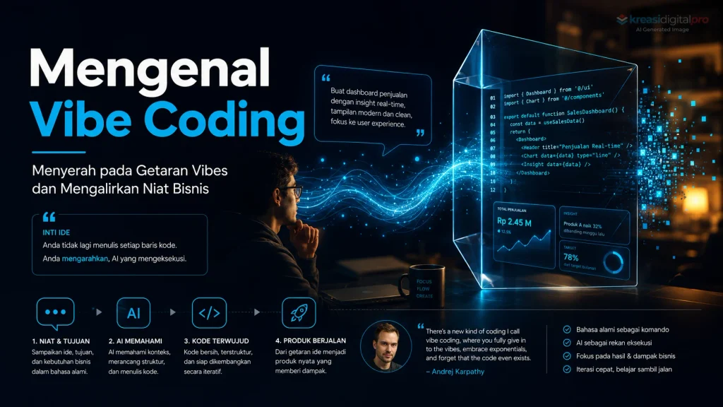 Diagram Konsep Vibe Coding Bahasa Alami Menjadi Kode React dan UI Dashboard