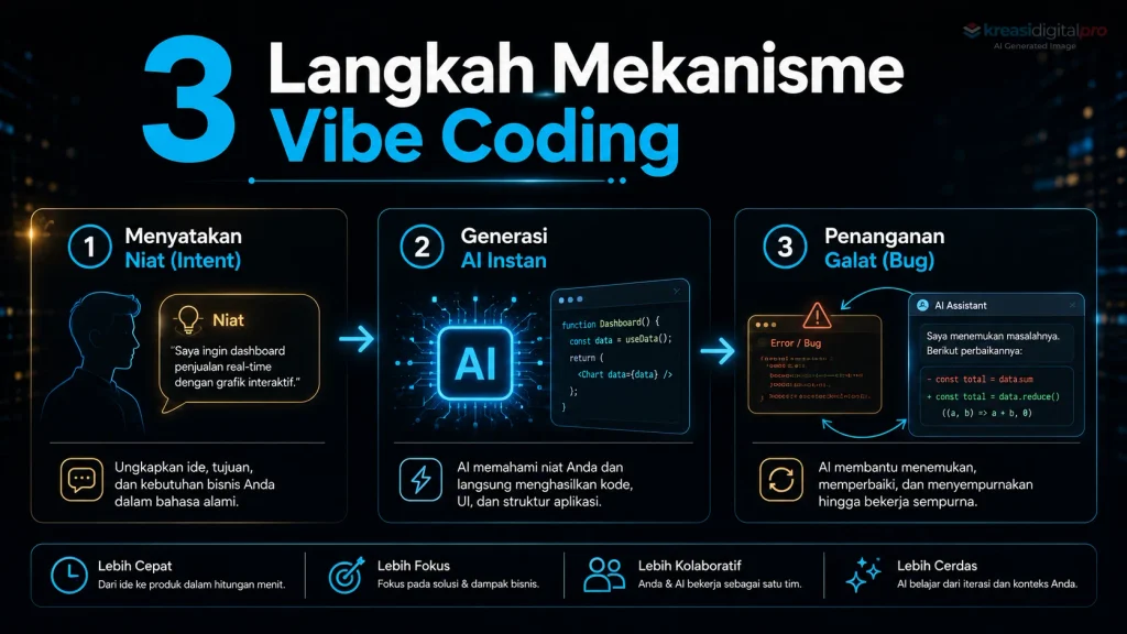 Infografis 3 Langkah Mekanisme Vibe Coding Menyatakan Niat Generasi AI dan Penanganan Bug