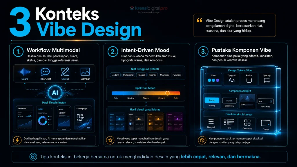 Infografis 3 Konteks Vibe Design Workflow Multimodal Intent Mood dan Pustaka Komponen