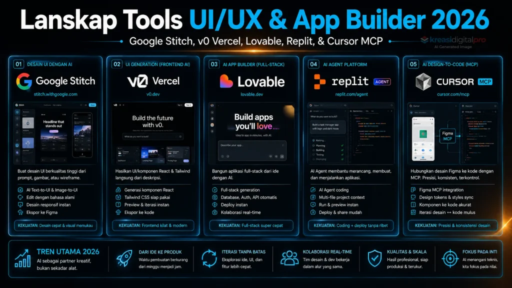 Infografis Lanskap Tools UI UX 2026 Google Stitch v0 Vercel Lovable Replit dan Cursor MCP