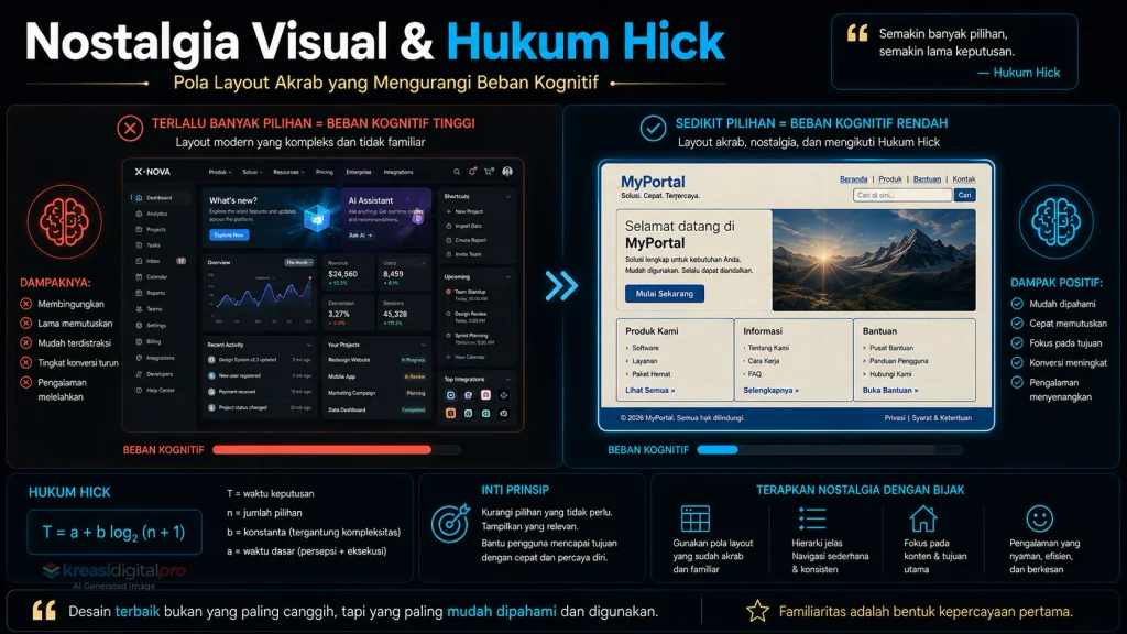 Perbandingan Layout Kompleks vs Nostalgia Visual Mengikuti Hukum Hick Beban Kognitif