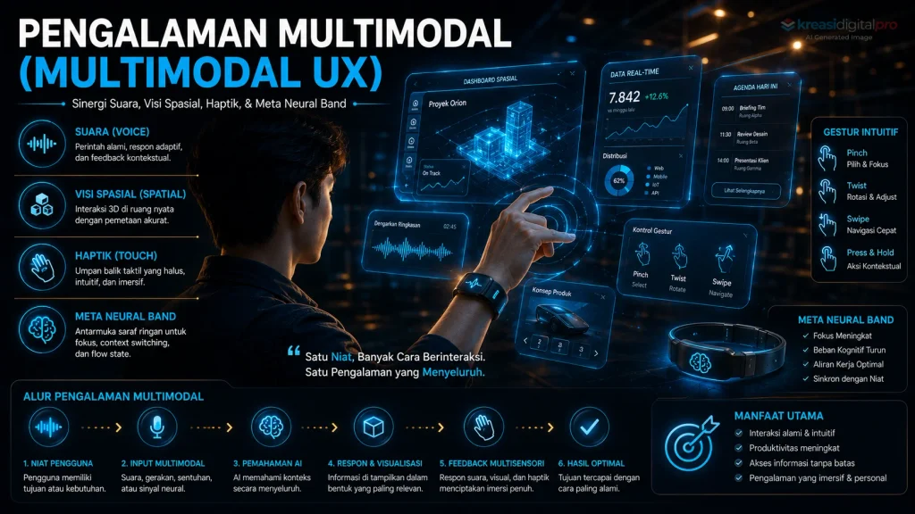 Diagram Pengalaman Multimodal UX Perintah Suara Spasial Haptik dan Meta Neural Band