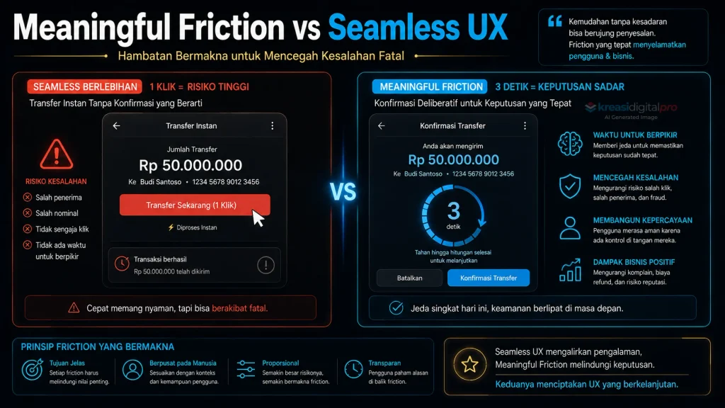 Infografis Meaningful Friction Jeda Konfirmasi 3 Detik vs Seamless UX Transaksi Instan