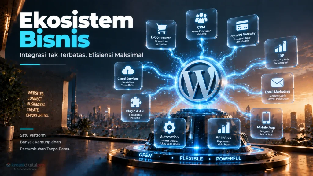 Ekosistem WordPress dengan integrasi e-commerce, CRM, payment gateway, dan layanan bisnis digital
