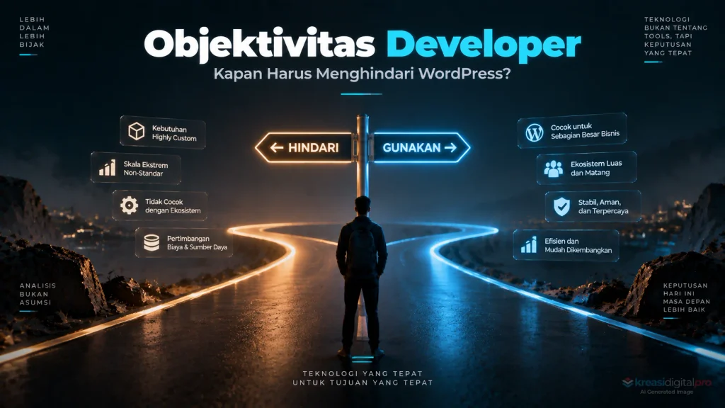 Pertimbangan developer memilih atau menghindari WordPress berdasarkan kebutuhan proyek digital