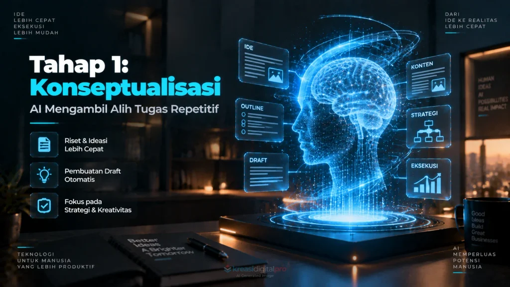 Workflow AI-Augmented WordPress tahap konseptualisasi menggunakan AI untuk riset dan pembuatan konten