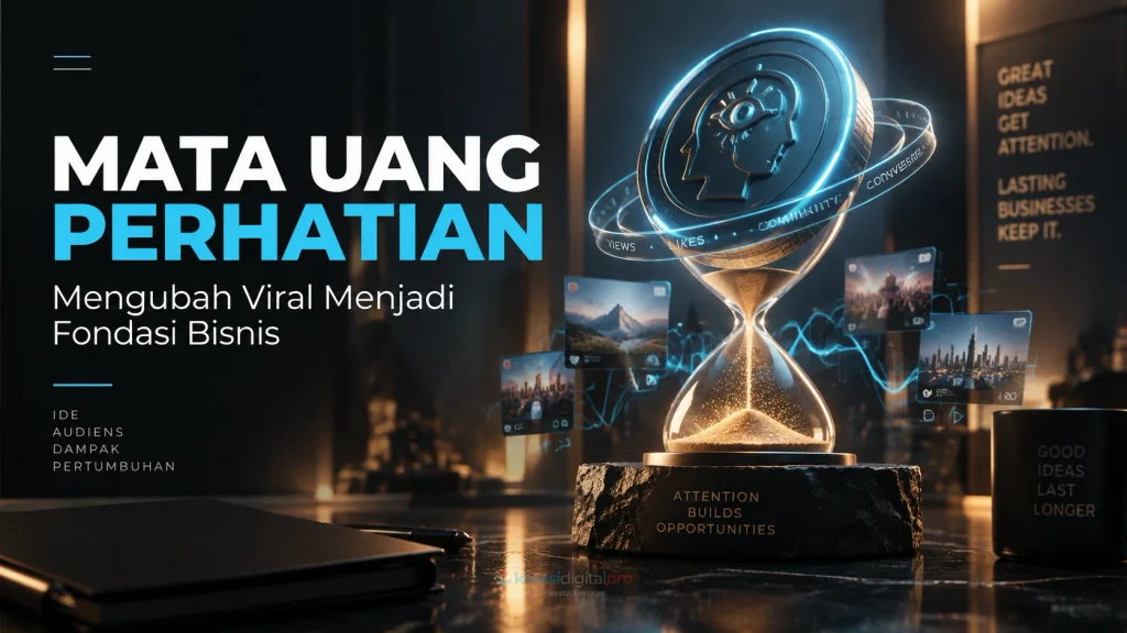 Gambar sampul pembuka esai yang memvisualisasikan buku “Attention Is the New Currency”. Menegaskan pesan utama bahwa perhatian bukanlah sekadar angka penonton, melainkan aset ekonomi bernilai tinggi yang perlu dikelola secara profesional.