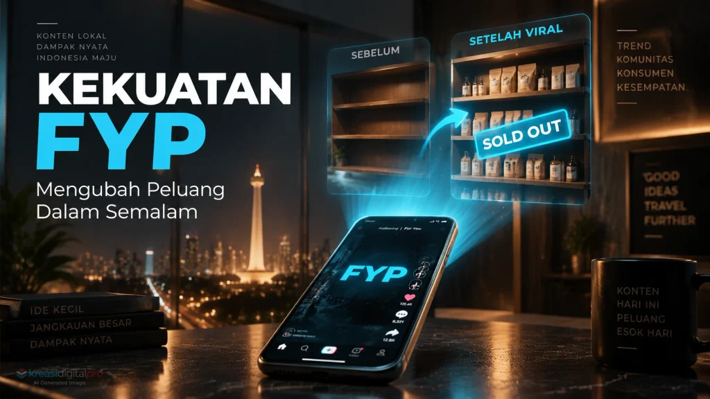 Mengilustrasikan kekuatan algoritma linimasa FYP TikTok di Indonesia yang mampu menghabiskan stok produk UMKM atau mengangkat popularitas seseorang secara instan.