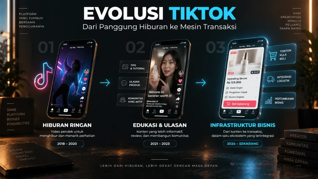 Menampilkan rekam jejak transformasi konten di TikTok: bermula dari sekadar joget dan komedi, berkembang menjadi sarana edukasi, hingga menjadi infrastruktur transaksi belanja langsung (seamless checkout).