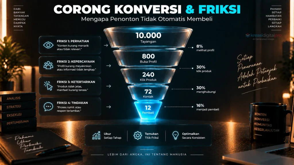 Visualisasi kasus nyata dari esai yang membedah penurunan angka audiens pada setiap tahapan alur belanja akibat adanya friksi atau hambatan tindakan.