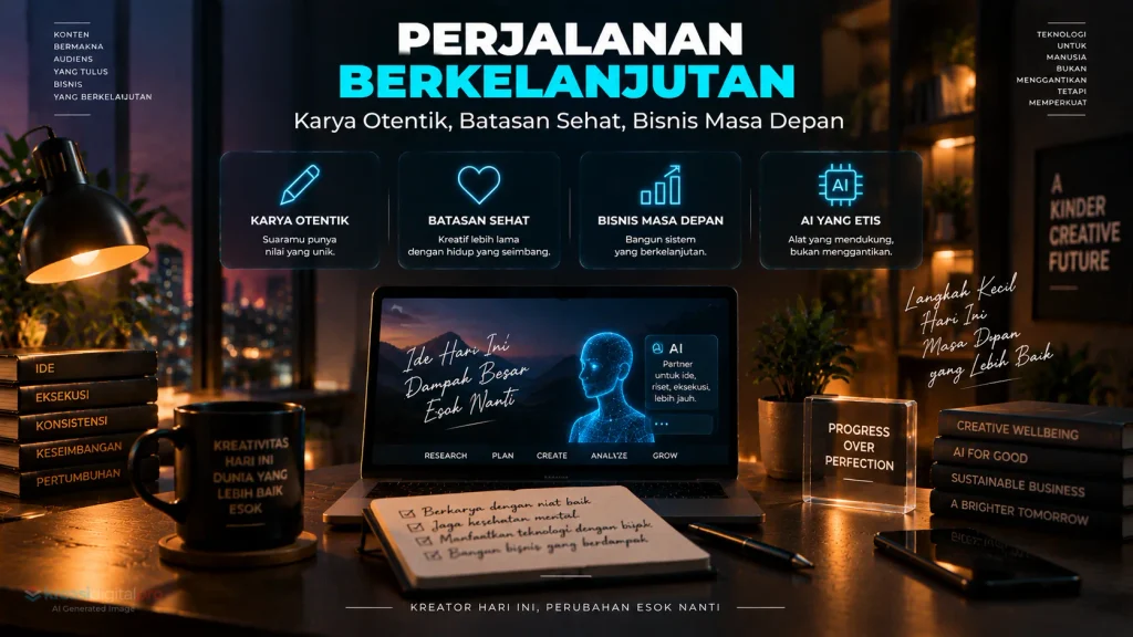 Gambar penutup esai yang menyimpulkan pentingnya menjaga kesehatan mental, menetapkan batasan berkarya, memanfaatkan AI secara bertanggung jawab, dan mengubah lonjakan viral sesaat menjadi perjalanan bisnis jangka panjang yang bermakna.