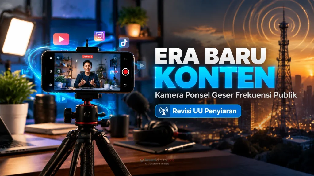 Infografis era baru konten digital memperlihatkan kamera ponsel di meja studio kreator menggeser frekuensi publik dan revisi UU Penyiaran berlatar gelap aksen biru cyan.