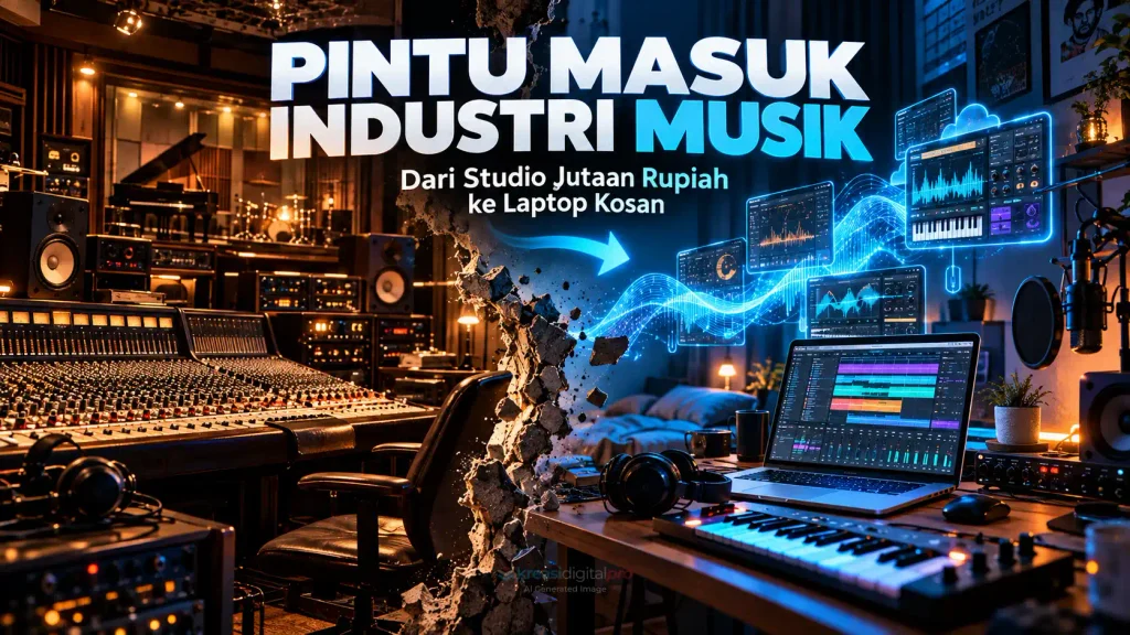 Infografis perbandingan biaya produksi musik yang menunjukkan demokratisasi studio rekaman, beralih dari studio analog komersial mahal ke studio rumahan berbasis laptop dan software DAW modern.
