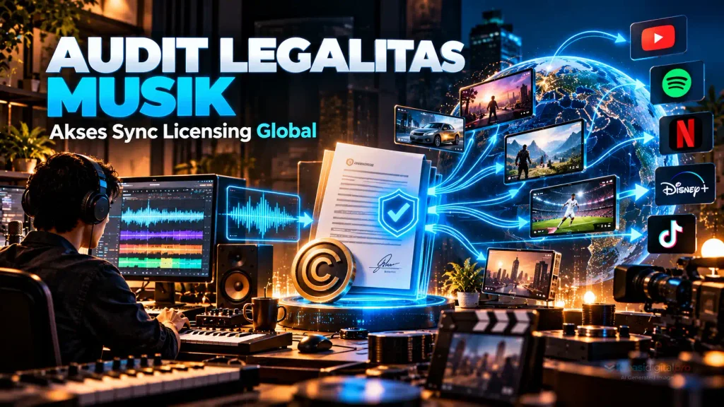 Ilustrasi infografis pentingnya audit legalitas lisensi musik resmi (chain of title) untuk mengamankan kontrak sync licensing komersial pada platform streaming global seperti Netflix dan Disney+.