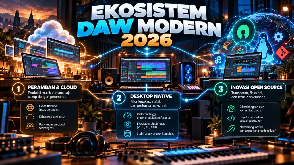Infografis skema struktur ekosistem Digital Audio Workstation (DAW) 2026 yang terbagi menjadi tiga pilar: Peramban & Cloud, Desktop Native, serta Inovasi Open Source.