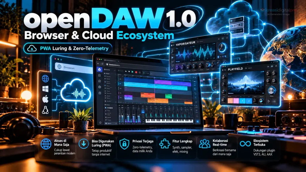 Infografis fitur utama openDAW 1.0 sebagai DAW berbasis peramban (PWA) berarsitektur WebAssembly dan Rust, mendukung penggunaan luring, instrumen virtual, serta jaminan privasi zero-telemetry.
