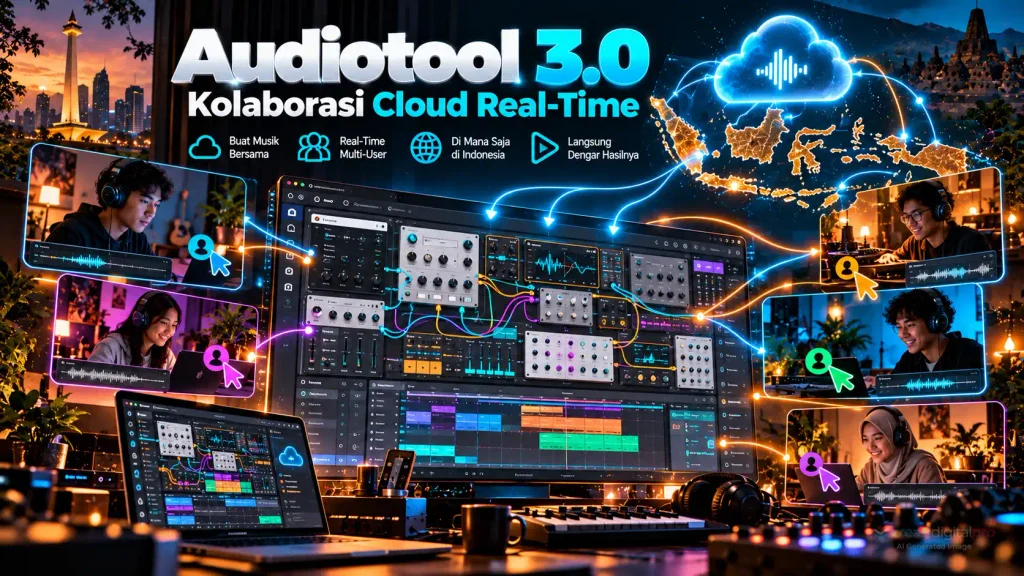Ilustrasi infografis Audiotool 3.0 yang menampilkan fitur kolaborasi multiplayer cloud DAW secara real-time antar-produser musik lintas daerah dengan jaringan kabel modular dan SDK NEXUS.