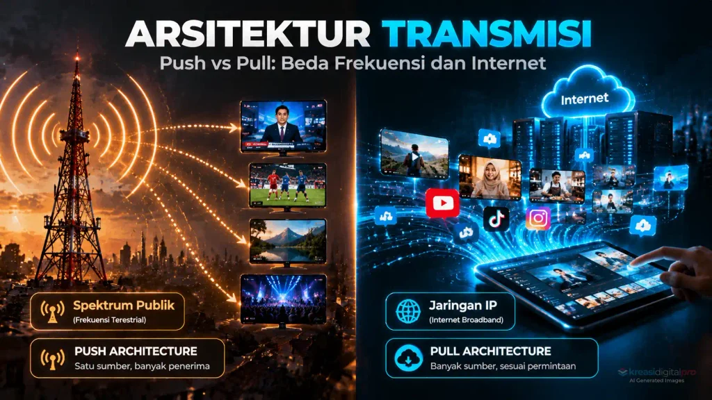 Infografis teknis arsitektur transmisi membandingkan sistem push frekuensi terestrial pemancar TV dengan sistem pull jaringan internet pita lebar.