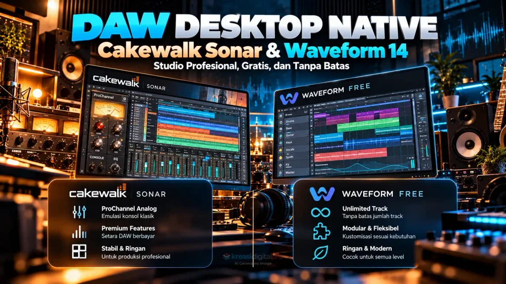 Infografis perbandingan DAW desktop gratis Cakewalk Sonar dengan emulasi ProChannel analog dan Tracktion Waveform Free 14 dengan jumlah track audio tak terbatas dan modul AI Assistant.