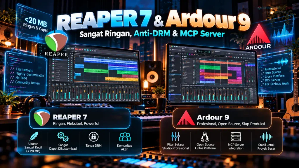 Infografis keunggulan DAW desktop REAPER 7 yang ultra-ringan (<20MB) dan bebas DRM bersanding dengan Ardour 9 open-source berlisensi GPL yang terintegrasi peladen Model Context Protocol (MCP).