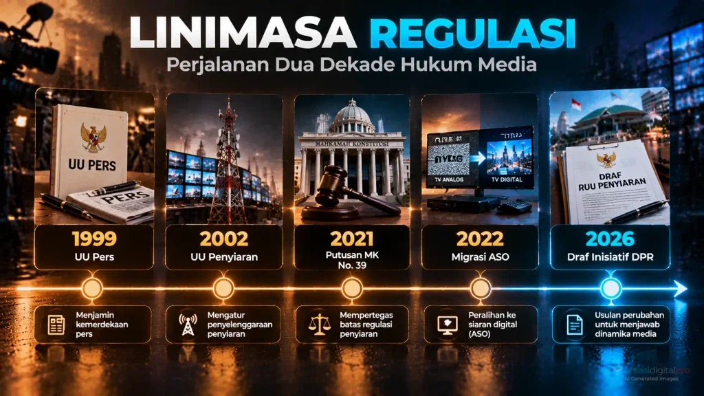Linimasa perkembangan regulasi media di Indonesia dari UU Pers 1999, UU Penyiaran 2002, Putusan MK No 39, migrasi digital ASO, hingga draf RUU Penyiaran 2026.