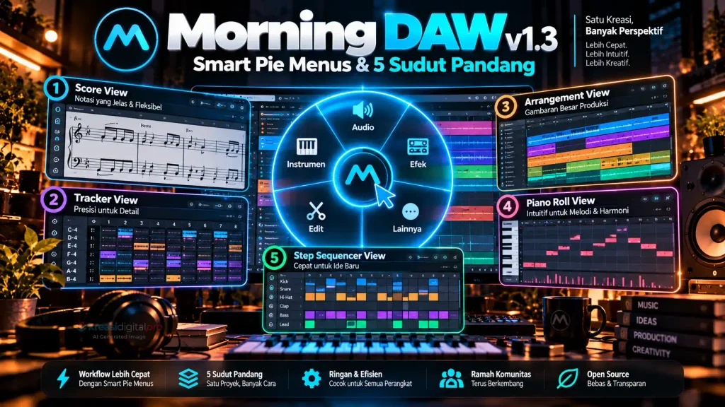Infografis antarmuka Morning DAW v1.3 yang menonjolkan fitur navigasi melingkar Smart Pie Menus (Ctrl+K), lima sudut pandang lagu (termasuk Tracker & Score View), serta rantai Vocal Strip.