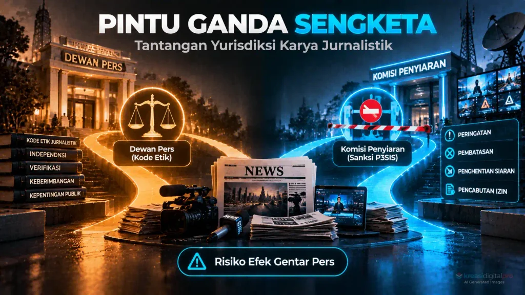 Ilustrasi timbangan hukum menampilkan tantangan pintu ganda sengketa karya pers antara mekanisme Kode Etik Dewan Pers dan sanksi administratif P3SIS KPI.