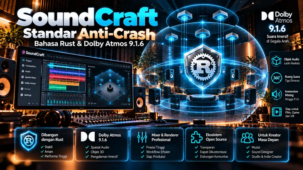 Infografis teknis SoundCraft, DAW open-source berbasis bahasa pemrograman Rust murni berstandar Never-Crash yang mendukung perutean audio spasial imersif hingga Dolby Atmos 9.1.6.