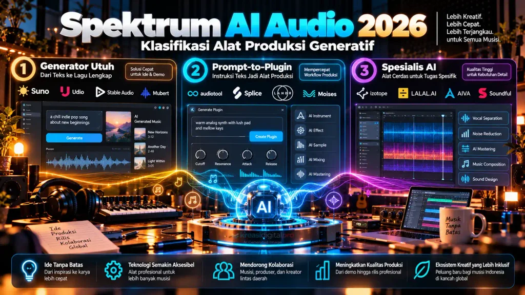 Skema infografis klasifikasi alat produksi AI audio generatif 2026 ke dalam tiga kategori utama: Generator Lagu Utuh (Suno/Udio), Prompt-to-Plugin (Google Flow Music), dan AI Audio Spesialis.