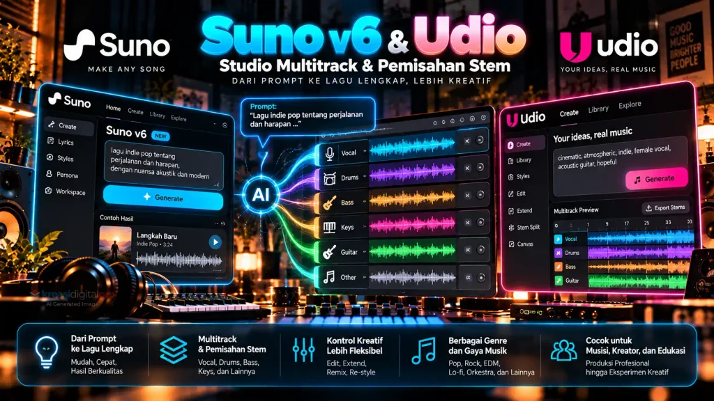 Infografis fitur AI generator Suno v6 Studio 2.0 dan Udio yang menampilkan antarmuka pembuatan lagu dari prompt teks, pemisahan stem audio (vokal, drum, bas), serta penyuntingan multitrack.