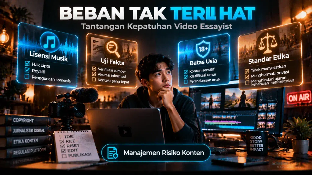 Infografis checklist kepatuhan video essayist mencakup audit lisensi musik, uji fakta, batas usia penonton, dan standar etika konten berlatar studio gelap.