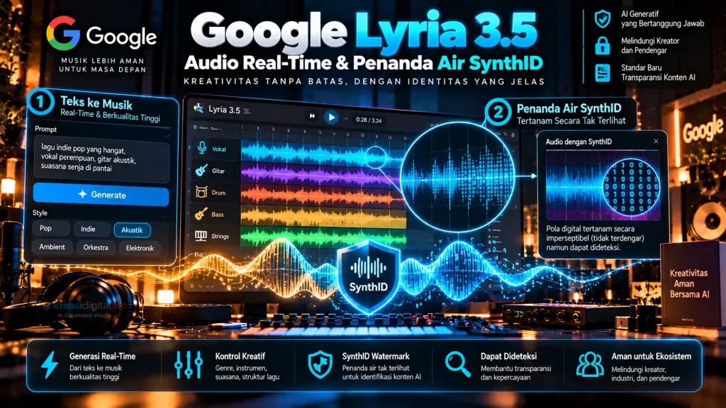 Visualisasi teknis model fondasi Google DeepMind Lyria 3.5 untuk generasi audio real-time interaktif beserta teknologi penanda air digital tak kasat dengar SynthID untuk keamanan konten.
