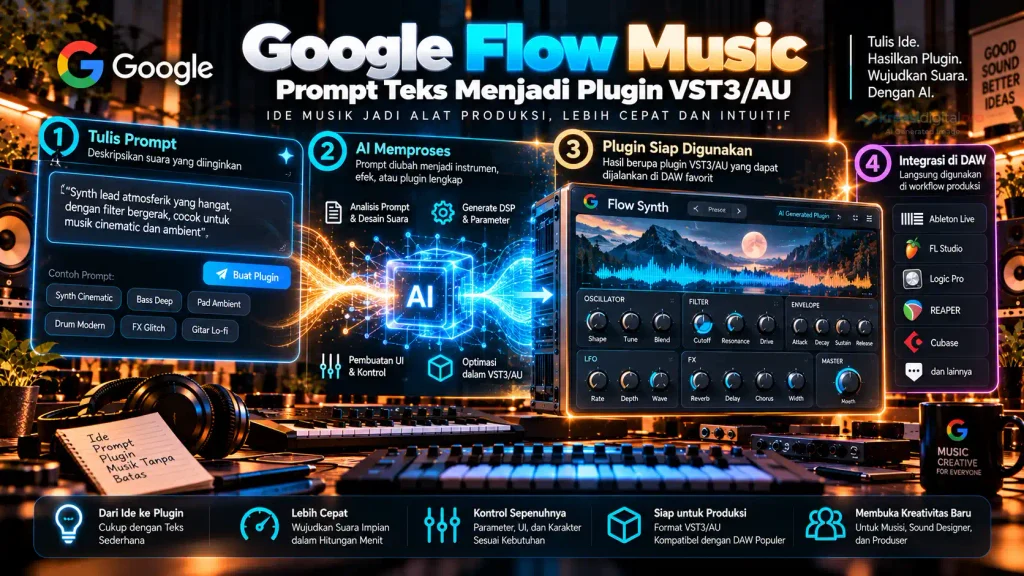 Infografis konsep Prompt-to-DSP pada Google Flow Music Spaces yang mengubah deskripsi bahasa natural menjadi instrumen atau efek audio digital dan diekspor ke format biner VST3/AU.