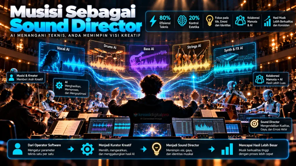 Visualisasi konseptual musisi bertindak sebagai Sound Director yang memimpin konduktor audio AI, memindahkan beban teknis repetitif ke mesin untuk fokus pada arah estetika dan emosi musik.