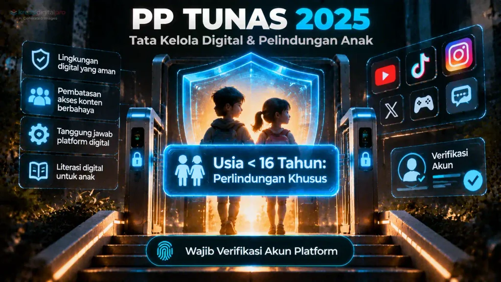 Visual perisai perlindungan anak digital PP TUNAS menampilkan verifikasi akun dan pembatasan akses sistem elektronik bagi anak di bawah 16 tahun.