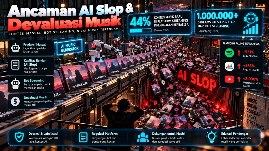 Infografis analisis risiko industri terkait AI Slop (sampah audio digital), praktik manipulasi bot streaming farming, serta upaya deteksi data dari platform streaming seperti Deezer.