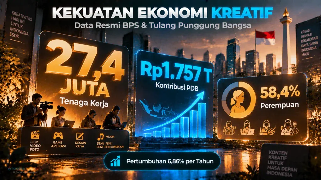 Data infografis BPS menunjukkan 27,4 juta tenaga kerja ekonomi kreatif, kontribusi PDB Rp1.757 triliun, dan proporsi 58,4 persen pekerja perempuan.