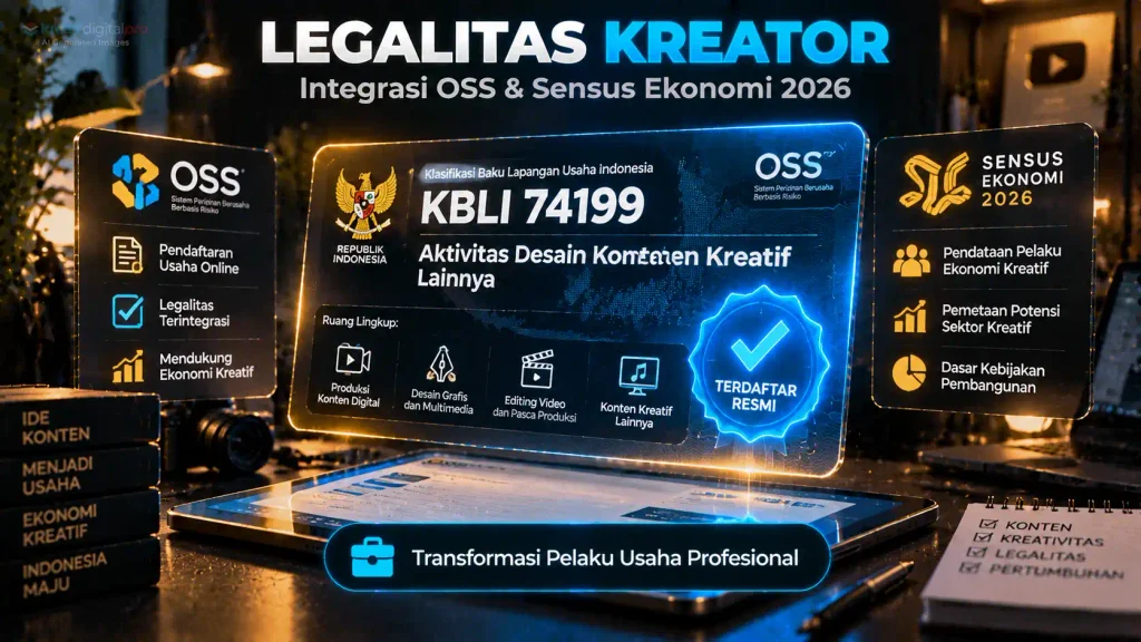 Sertifikat perizinan berusaha OSS menampilkan kode KBLI 74199 untuk aktivitas desain konten kreatif lainnya menjelang Sensus Ekonomi 2026.