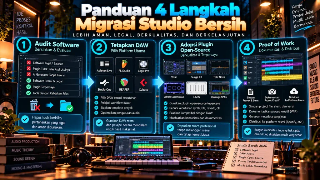 Diagram alur panduan empat langkah studio bersih: Audit Software bajakan, Tetapkan DAW legal, Adopsi Plugin Open-Source (Vital/TDR), dan Dokumentasi Proof of Work untuk perlindungan hak cipta.